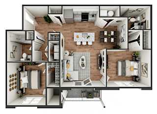 A top-down view of a house layout with a kitchen, living room, and bedrooms.
