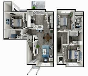 A 3D floor plan of a house with a kitchen, living room, and bedrooms.