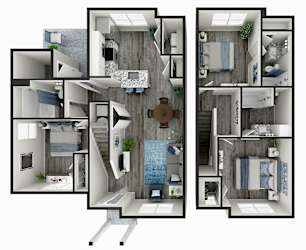 A 3D floor plan of a house with multiple rooms and a pool.