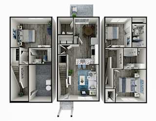 A 3D floor plan of a small apartment with a kitchen, living room, and bathroom.