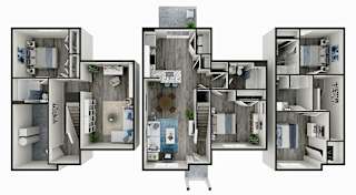 A diagram of a house with multiple rooms and furniture.