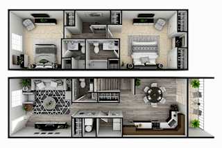 A 3D floor plan of a two bedroom townhome apartment