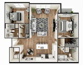 A top-down view of a modern apartment layout.