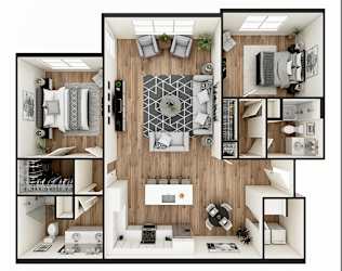 A top-down view of a modern, minimalist apartment layout.