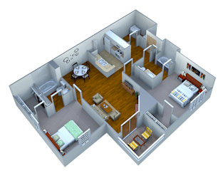 A 3D rendered image of a house layout.