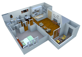 A 3D image of a small apartment with a kitchen, living room, and bedroom.