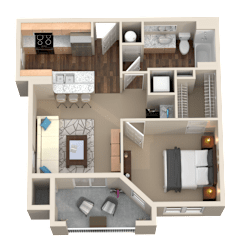 1 Bed 1 Bath 3D Floor Plan at Plantation Crossing, LA, 70508