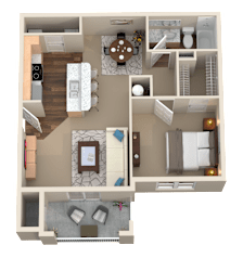1 Bed 1 Bath 3D Floor Plan at Plantation Crossing, Lafayette