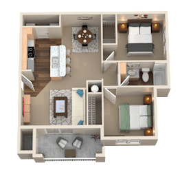 2 Bed 1 Bath 3D Floor Plan at Plantation Crossing, Lafayette, 70508