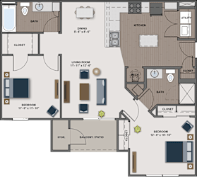A floor plan of a house with a living room, dining room, kitchen, and two bedrooms.