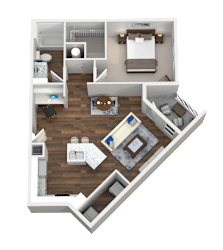 1 Bed 1 Bath 3D Floor Plan at Aventura at Wild Horse Creek, Chesterfield, MO, 63017