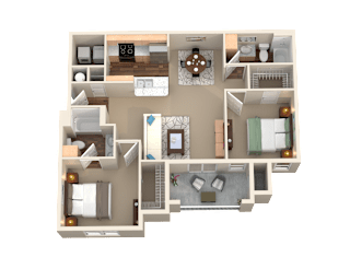 2 Bed 2 Bath 3D Floor Plan at Plantation Crossing, Lafayette, LA, 70508