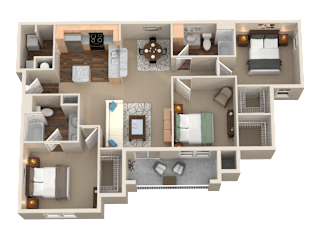 3 Bed 2 Bath 3D Floor Plan at Plantation Crossing, Lafayette, LA