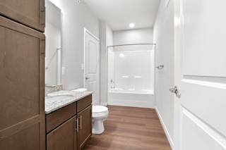 Spacious Bathroom with Tub / Shower Combo & Extra Linen Storage  at Aventura at Hawk Ridge, Lake St Louis, Missouri