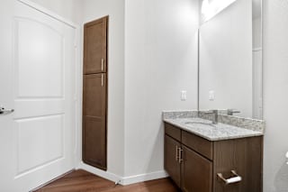 a bathroom with a sink and a mirror and a closet  at Aventura at Hawk Ridge, Lake St Louis