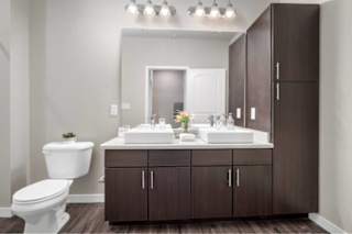 A bathroom with a white toilet, a white sink, and brown cabinets at Aventura at Wentzville I & II Apartments, Missouri