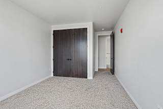 A room with a grey carpet and a wooden door.