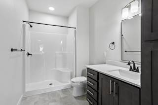 A modern bathroom with a walk-in shower, toilet, and sink.