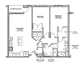 A floor plan of a house with a living area, kitchen, two bedrooms, a bathroom, and a mech closet.