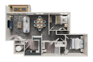 A 3D floor plan of a house layout.
