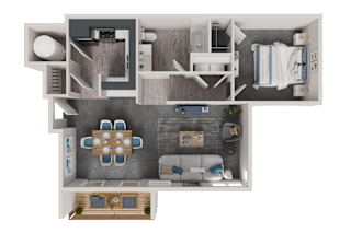 A top-down view of a modern apartment layout with a dining area, living room, kitchen, and bathroom.