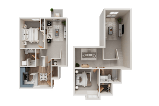 A 3D floor plan of a two-bedroom apartment.