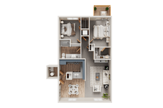 A top-down view of a small apartment layout with a kitchen, living room, and bathroom.