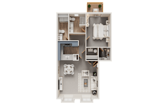 A detailed floor plan of a small apartment with a kitchen, living room, and bathroom.