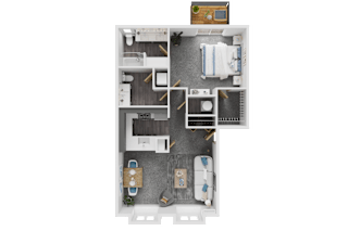 A top-down view of a house layout with a kitchen, living room, and two bedrooms.