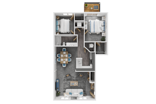 A top-down view of a small apartment layout with a kitchen, living room, and bathroom.