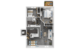 A top-down view of a small apartment layout with a kitchen, living room, and bathroom.
