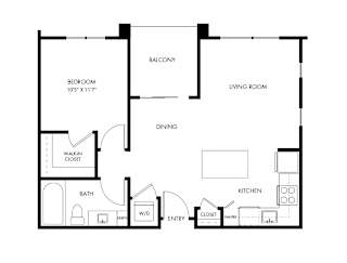A floor plan of a house with a bedroom, living room, dining room, kitchen, bathroom, and closet.