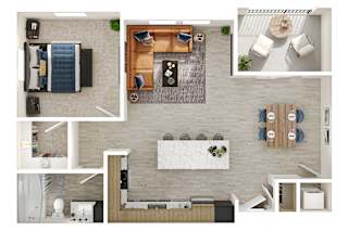 A top-down view of a modern apartment layout with a kitchen, living room, and dining area.
