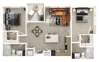 A top-down view of a modern apartment layout with a kitchen, living room, and bathroom.