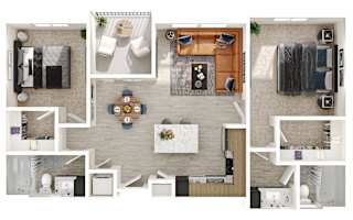 A collage of different room layouts with furniture.