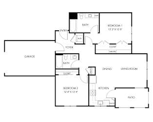 A floor plan of a house with two bedrooms, a garage, a dining room, a living room, a kitchen, and a patio.