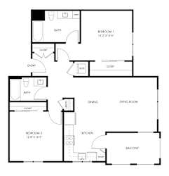 A floor plan of a house with two bedrooms, a living room, a dining area, a kitchen, a balcony, and a garage.