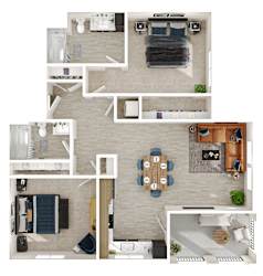 A top-down view of a house layout with a kitchen, living room, dining area, and bedrooms.