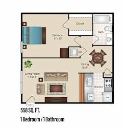 Ashton - 1 Bedroom 1 Bath 558 Sq. Ft. Floor Plan at The Hamptons, Texas