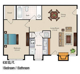 Ashworth - 1 Bedroom 1 Bath 630 Sq. Ft. Floor Plan at The Hamptons, Dallas, TX, 75287