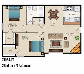 Belmont - 2 Bedroom 1 Bath 750 Sq. Ft. Floor Plan at The Hamptons, Dallas, TX