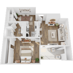 A 3D floor plan of a house with multiple rooms and furniture.