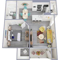 A top-down view of a small apartment with a kitchen, living room, and bedroom.