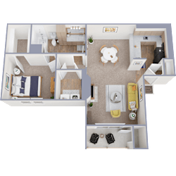 A 3D floor plan of a small apartment with a kitchen, living room, and two bedrooms.