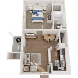 A 3D floor plan of a small apartment with a bedroom, living room, and kitchen.