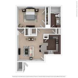 A floor plan of a small apartment with a kitchen, living room, and bathroom.