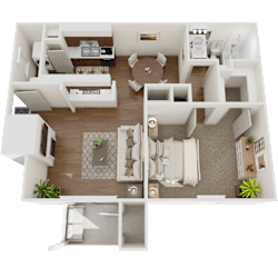 A 3D floor plan of a house with a kitchen, living room, and bathroom.