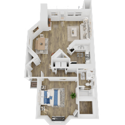 A top-down view of a house interior with a kitchen, living room, and bedroom.