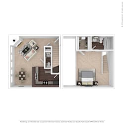 A floor plan of a small apartment with a living room and a bedroom.