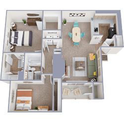 A 3D floor plan of a house with multiple rooms and furniture.
